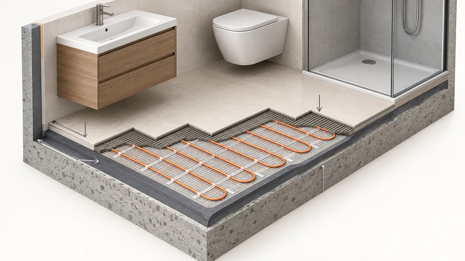 Banyo geçiş alanındaki elektrikli ısıtma matı ve zemin katmanları