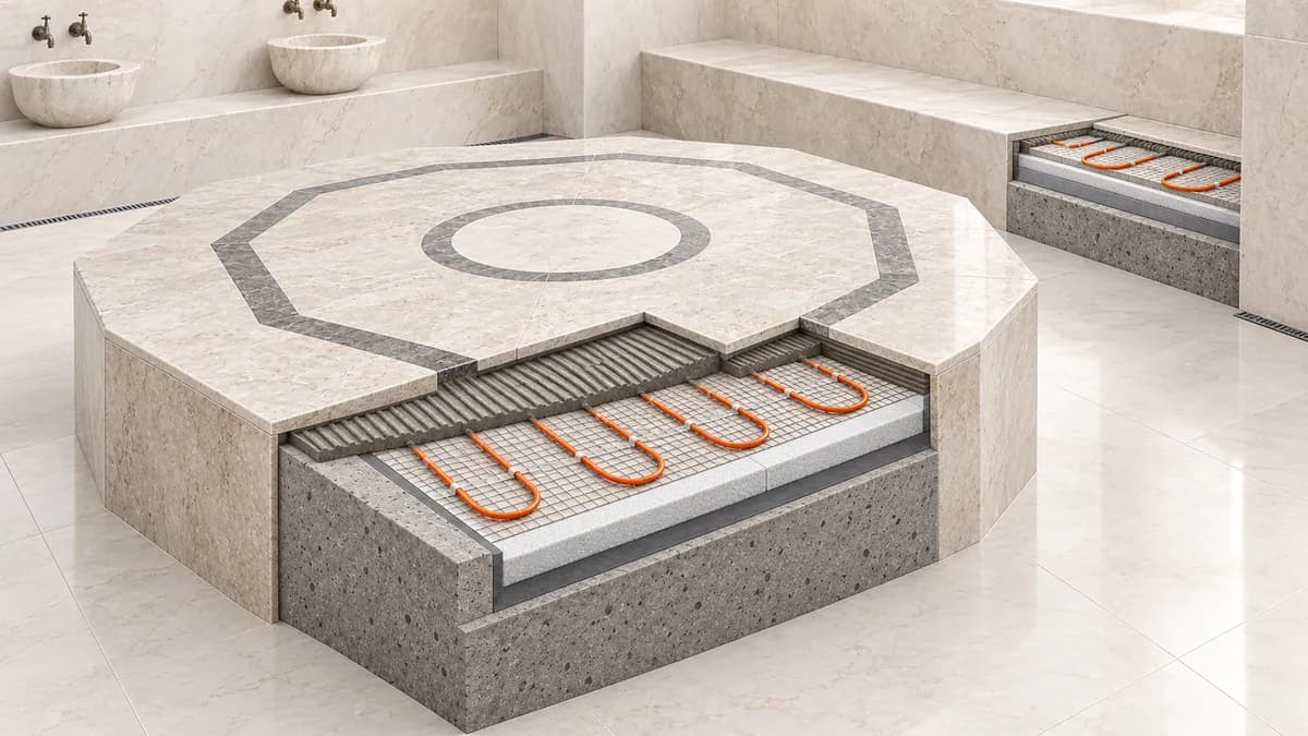 Elektrikli ısıtma sistemi bulunan göbek taşı ve hamam oturma sekisi kesiti